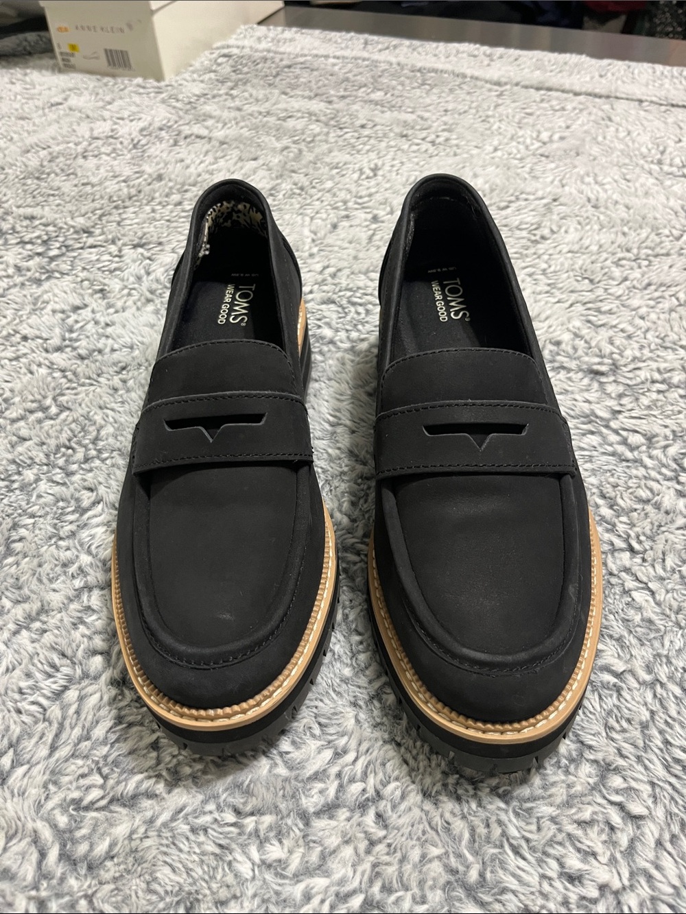 Toms Black Loafers with Tan Trim
